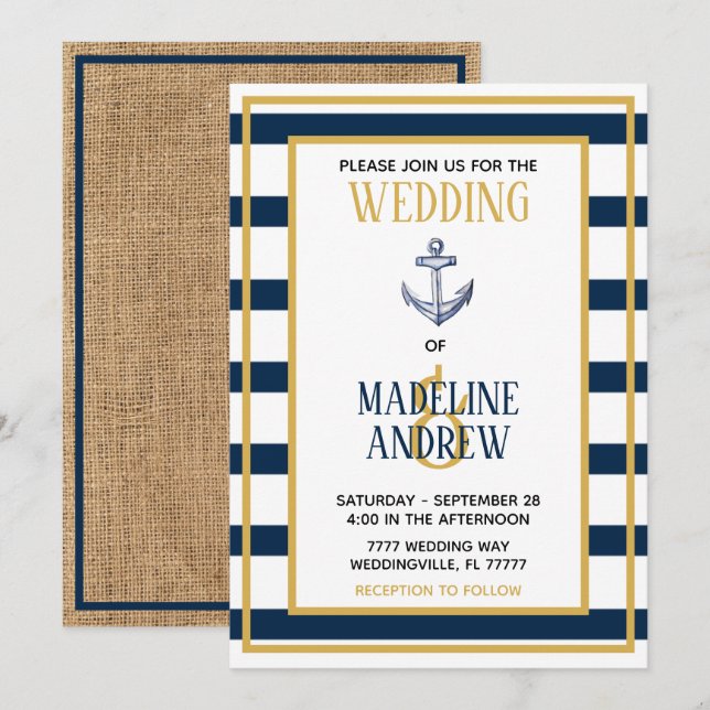 Faire-part de mariage d'Ancre des rayures marines (Devant / Derrière)