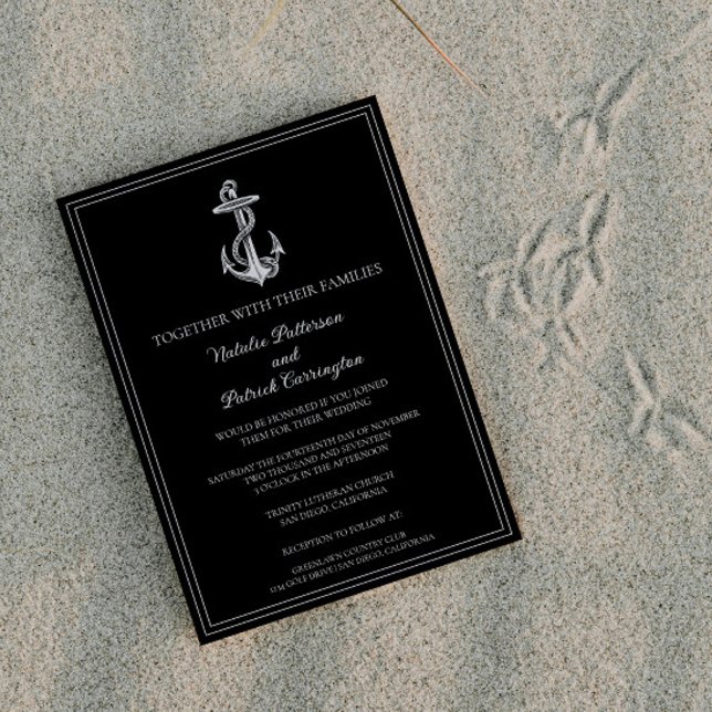 Faire-part de mariage d'Ancre marine noire (Black Nautical Anchor Wedding Invitation)