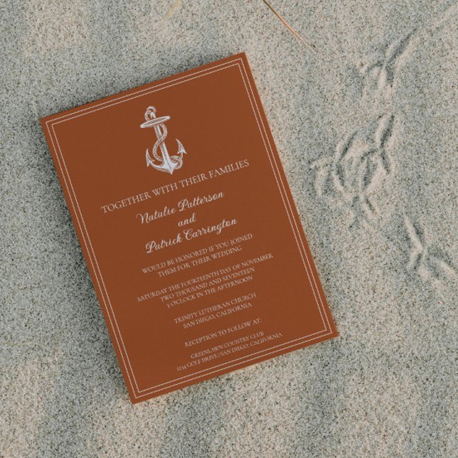 Faire-part de mariage d'Ancre marine orange brûlé (Burnt Orange Nautical Anchor Wedding Invitation)