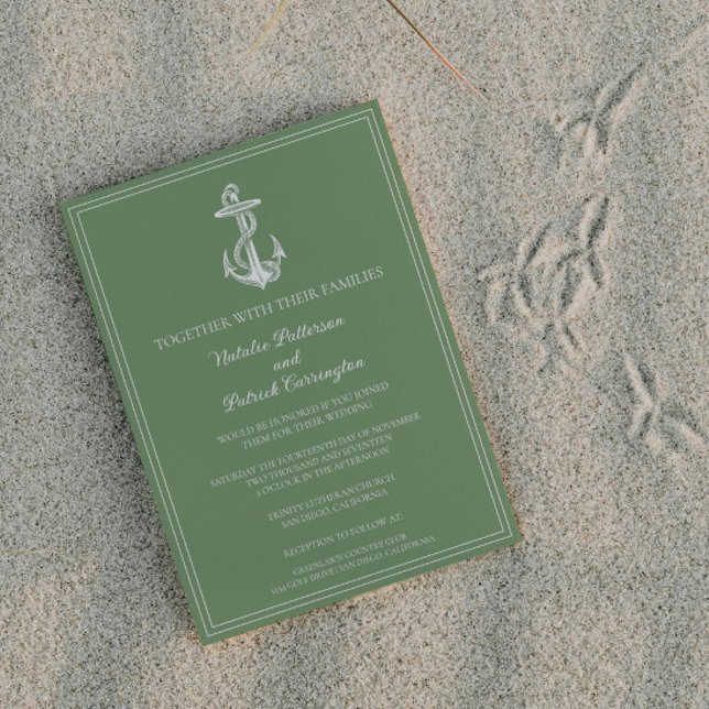 Faire-part de mariage d'Ancres nautiques Moss Gree (Moss Green Nautical Anchor Wedding Invitation)
