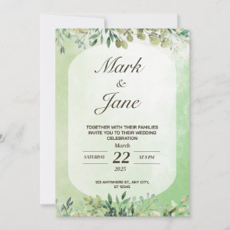 Faire-part de mariage d'aquarelle à feuilles verte