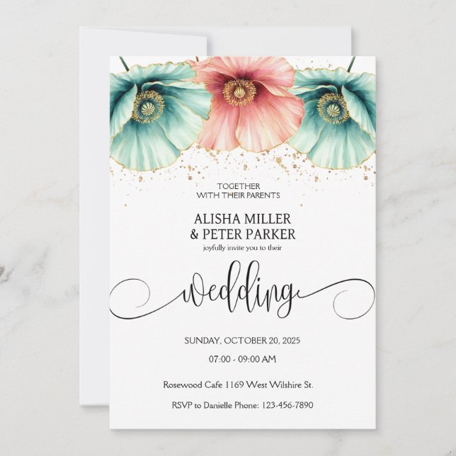 Faire-part de mariage d'aquarelle bleu et rose (Devant)
