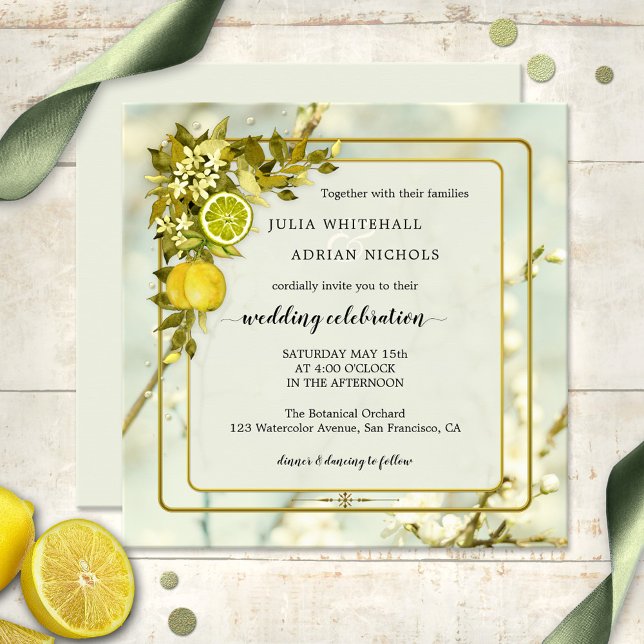Faire-part de mariage d'aquarelle Citrus Lemon Orc (Wedding invitation featuring watercolor painted leaves with lemon and citrus fruits and flowers)