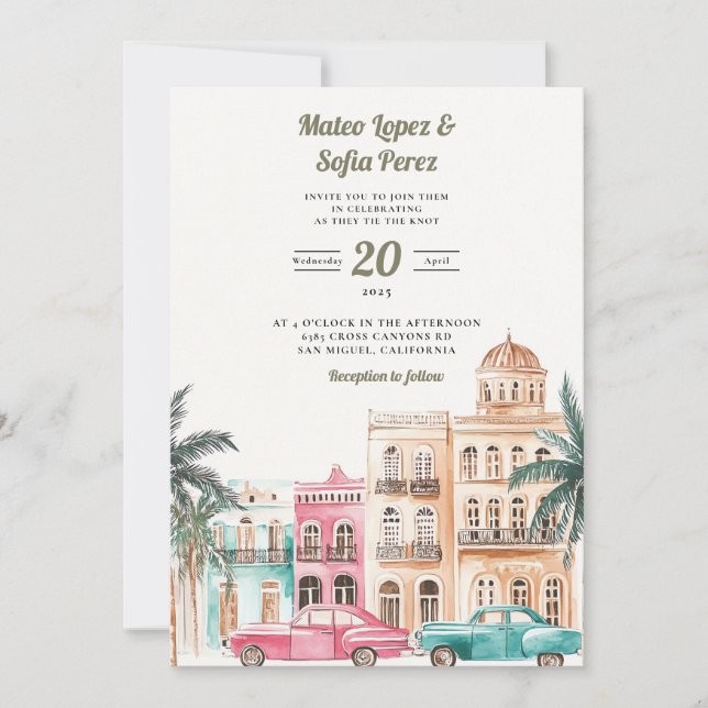 Faire-part de mariage d'aquarelle Cuba Havana (Devant)