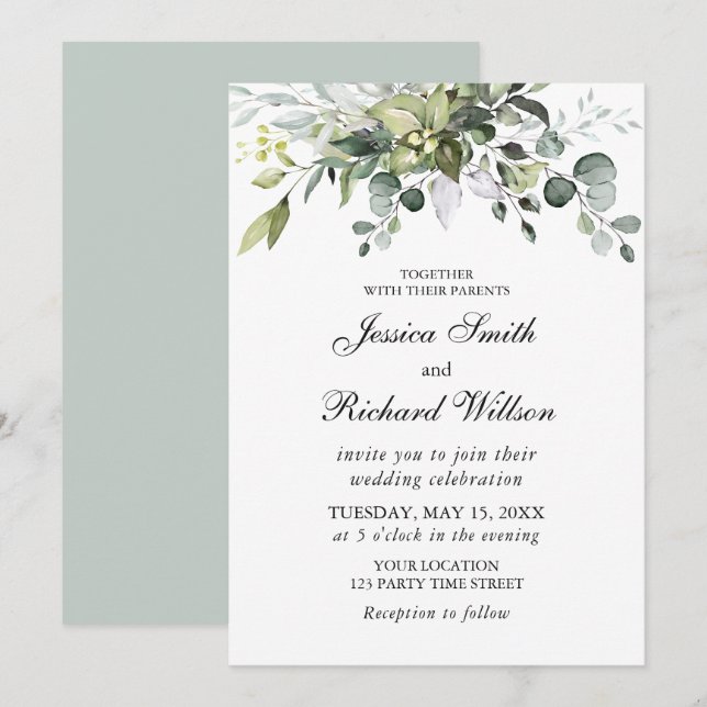 Faire-part de mariage d'aquarelle Eucalyptus (Devant / Derrière)