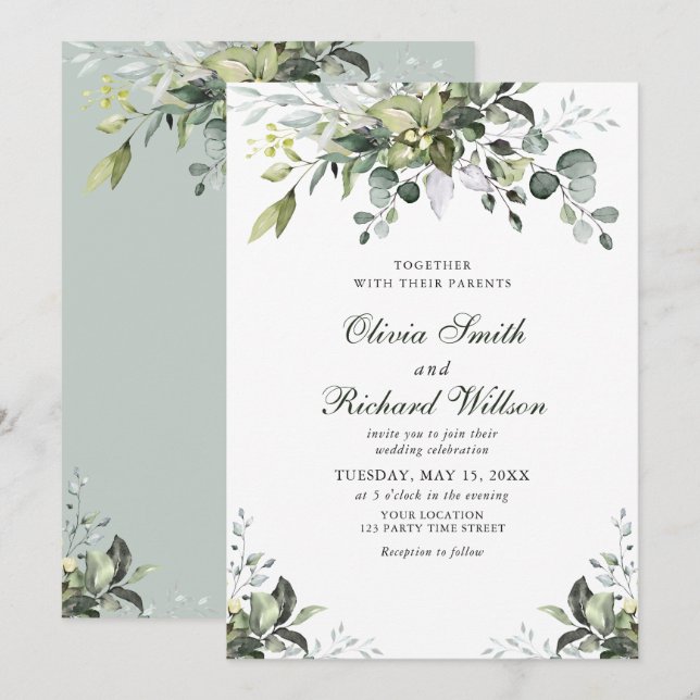 Faire-part de mariage d'aquarelle Eucalyptus (Devant / Derrière)