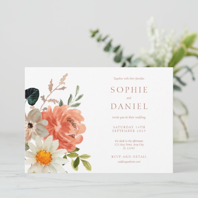 Faire-part de mariage d'aquarelle florale blanc (Debout devant)