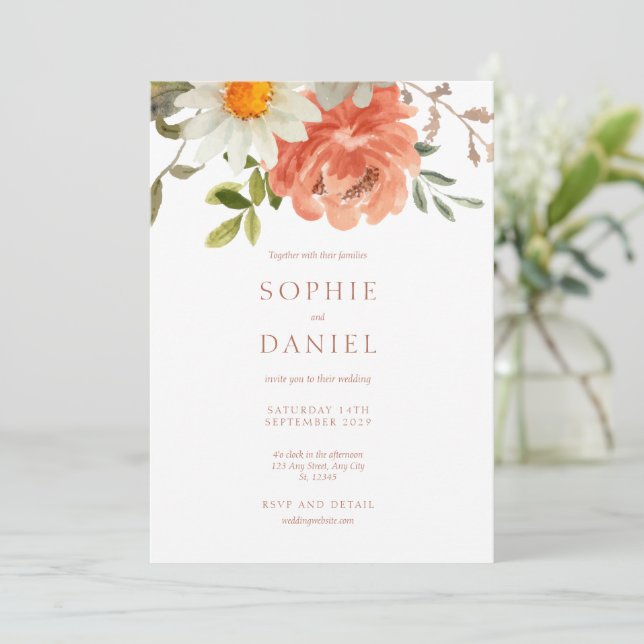 Faire-part de mariage d'aquarelle florale blanc (Debout devant)