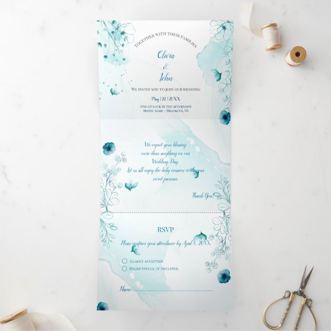 Faire-part de mariage d'aquarelle florale bleu per (Intérieur)
