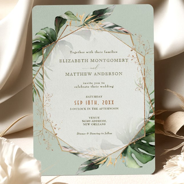 Faire-part de mariage d'aquarelle Monstera Gold (Créateur téléchargé)