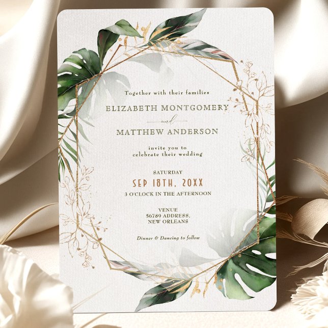 Faire-part de mariage d'aquarelle Monstera Gold (Créateur téléchargé)