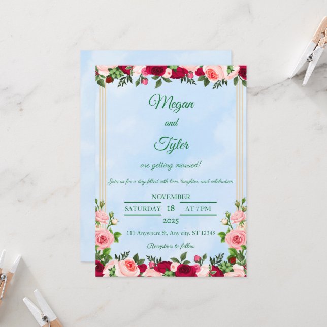 Faire-part de mariage d'aquarelle romantique (Devant/Arrière en situation)