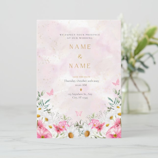 Faire-part de mariage d'aquarelle romantique rose  (Debout devant)