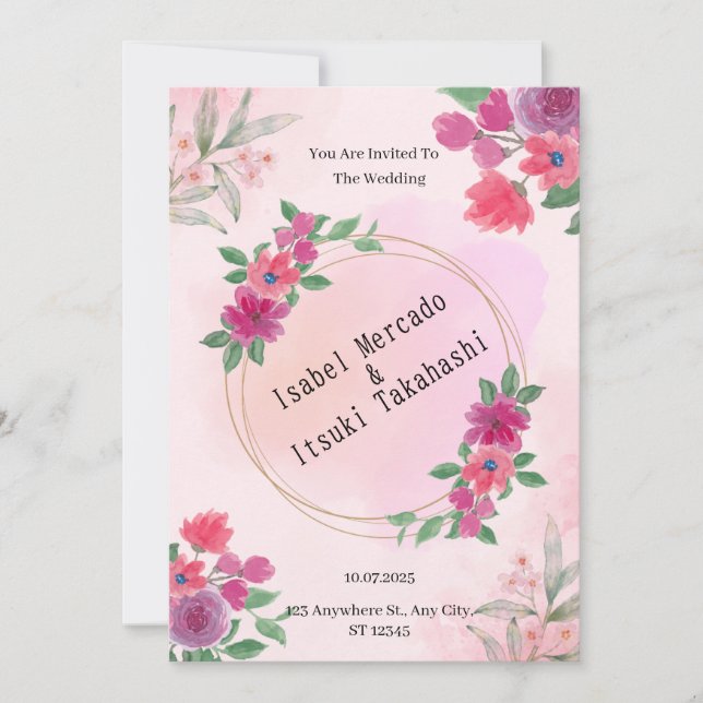 Faire-part de mariage d'aquarelle rose (Devant)