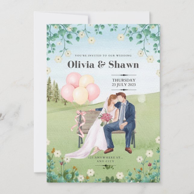 Faire-part de mariage d'aquarelle rose et vert (Devant)