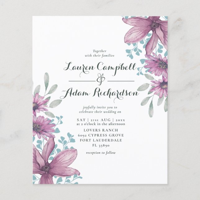 Faire-part de mariage d'aquarelle rose floral budg (Devant)
