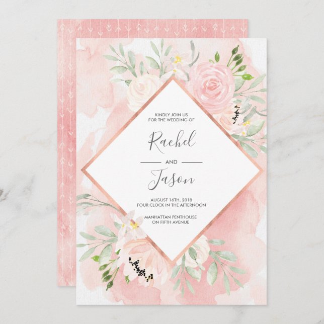 Faire-part de mariage d'aquarelle rose pâle (Devant / Derrière)
