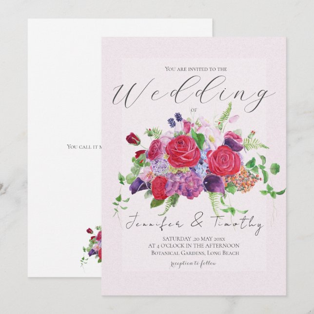 faire-part de mariage d'aquarelle rouge bouquet (Devant / Derrière)