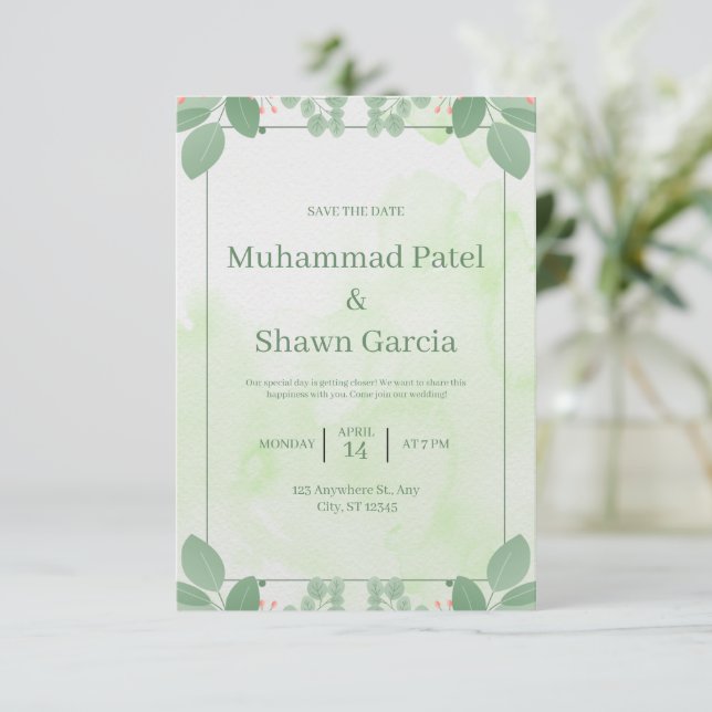 Faire-part de mariage d'aquarelle verte (Debout devant)