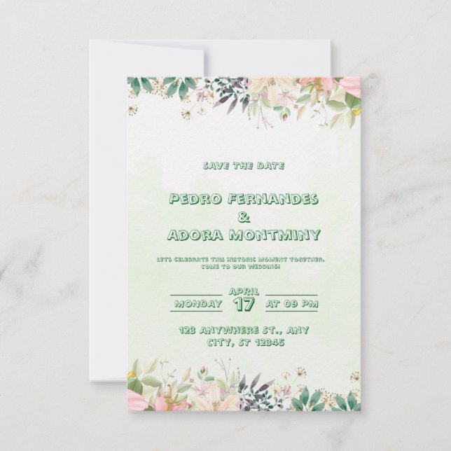 Faire-part de mariage d'aquarelle verte (Devant)