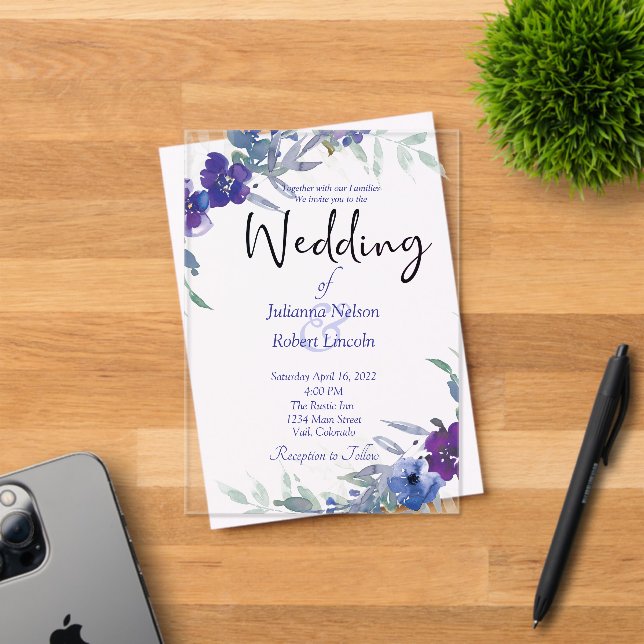 Faire-part de mariage d'aquarelle violet et bleu (Insitu (Carte d'invitation))