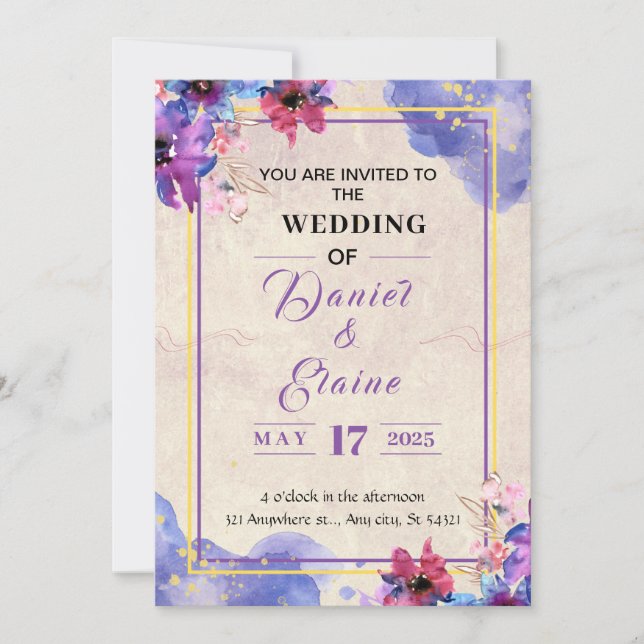 Faire-part de mariage d'aquarelle violette (Devant)
