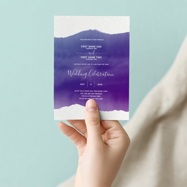 Faire-part de mariage d'aquarelle violette (Purple watercolor paint wash wedding invitation)
