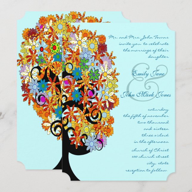 Faire-part de mariage d'arbre d'amour à fleurs mul (Devant / Derrière)