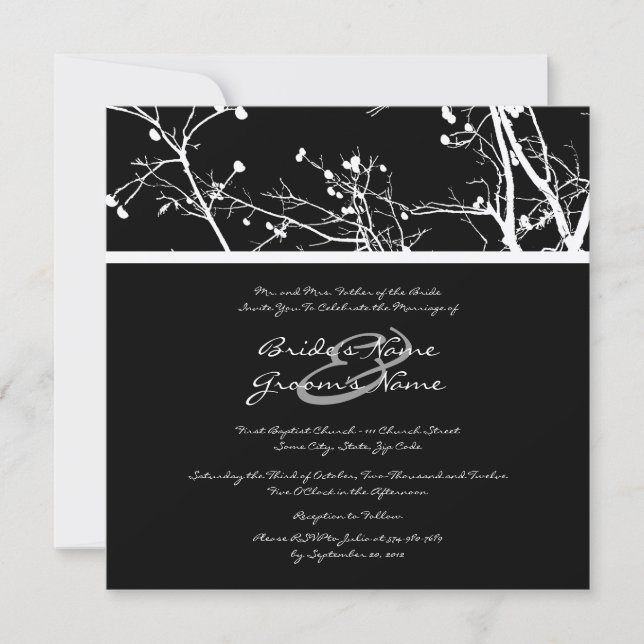 Faire-part de mariage d'arbre d'hiver noir et blan (Devant)
