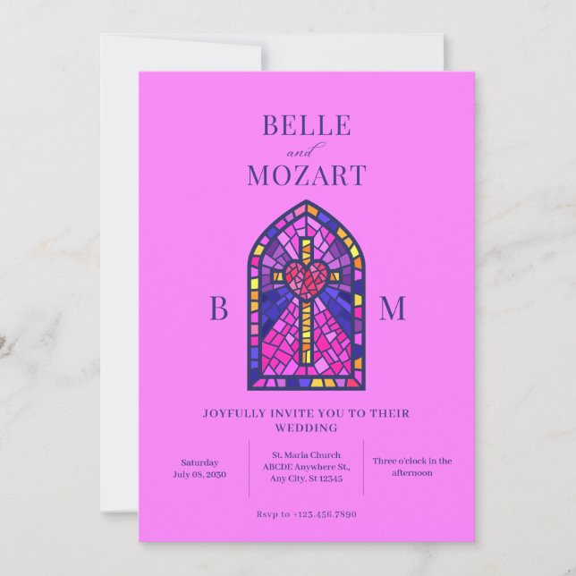 Faire-part de mariage d'art en vitrail au coeur cr (Devant)