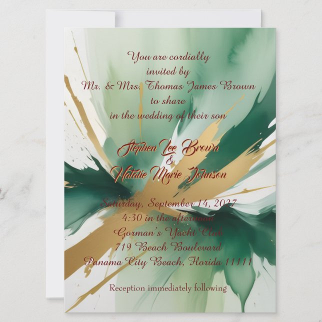 Faire-part de mariage d'art moderne or et vert (Devant)