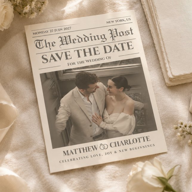 Faire-Part de Mariage Date à Sauvegarder Journal P (Newspaper Save the Date unique Wedding Warm Ivory Card modern minimalist vintage)