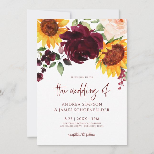 Faire-part de mariage d'automne Tournesols Roses b (Devant)