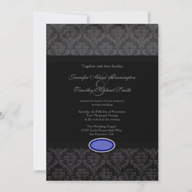faire-part de mariage de bijoux bleu damassé noir  (Devant)