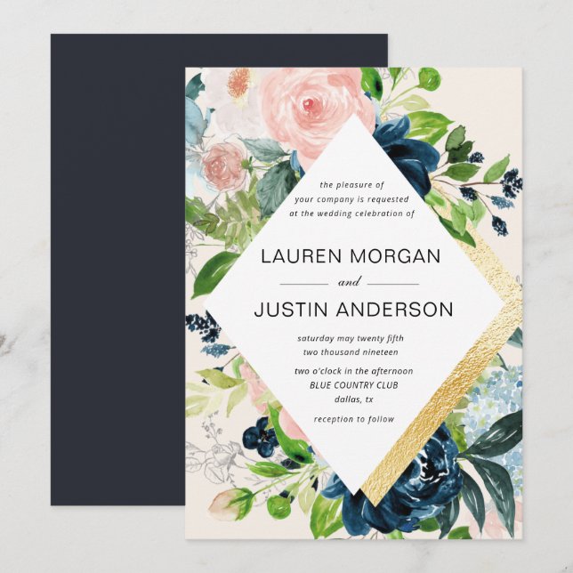 faire-part de mariage de bordure en or floral bleu (Devant / Derrière)