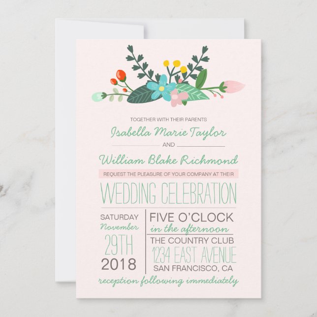 Faire-part de mariage de bouquet turquoise et rose (Devant)