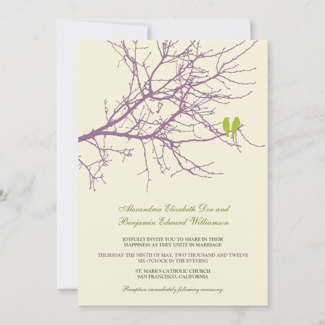 Faire-part de mariage de branche d'inséparables (Devant)
