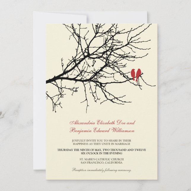 Faire-part de mariage de branche d'inséparables (Devant)