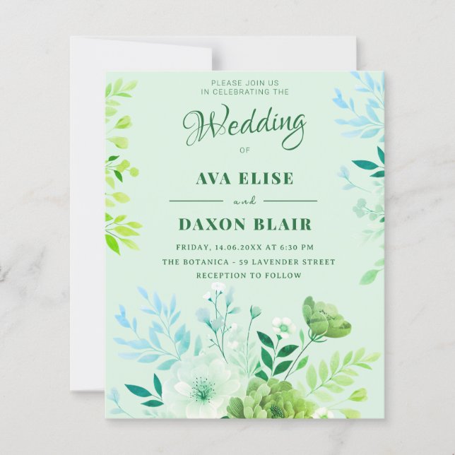 Faire-part de mariage de budget floral vert (Devant)