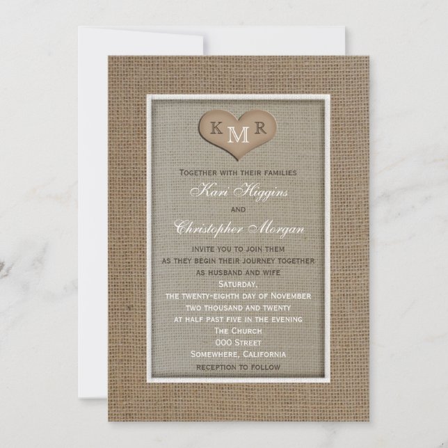 Faire-part de mariage de Burlap rustique avec Mono (Devant)
