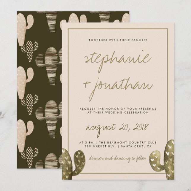 Faire-part de mariage de cactus à aquarelle rustiq (Devant / Derrière)