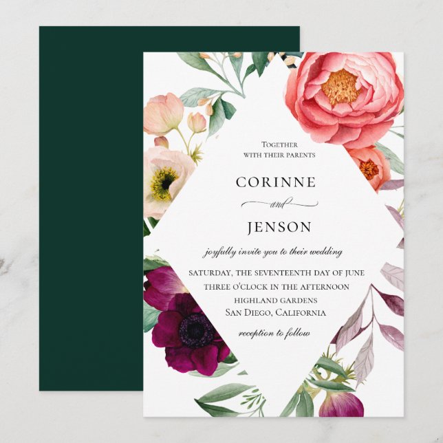 Faire-part de mariage de cadre fleuri de Bohême (Devant / Derrière)