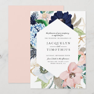 Faire-part de mariage de cadre floral bleu marine