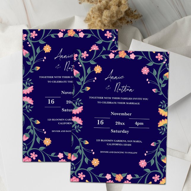 Faire-part de mariage de cadre floral complexe ble (Blue Intricate Floral Frame Wedding Invitation)
