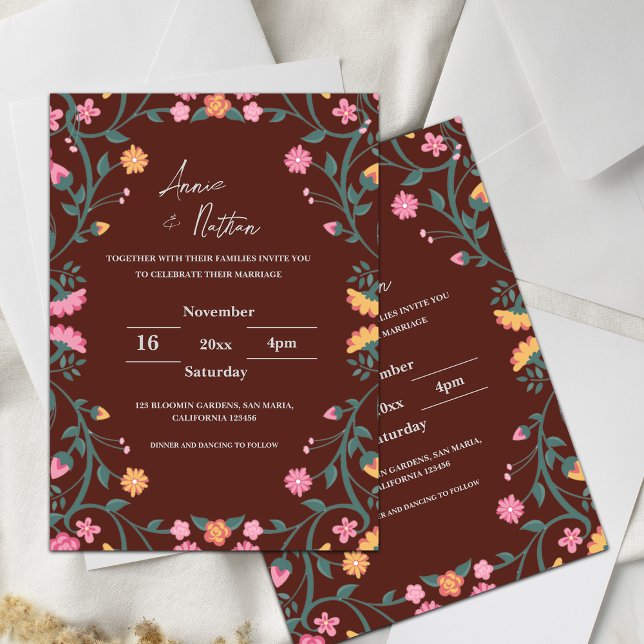Faire-part de mariage de cadre floral rouge comple (Red Intricate Floral Frame Wedding Invitation)