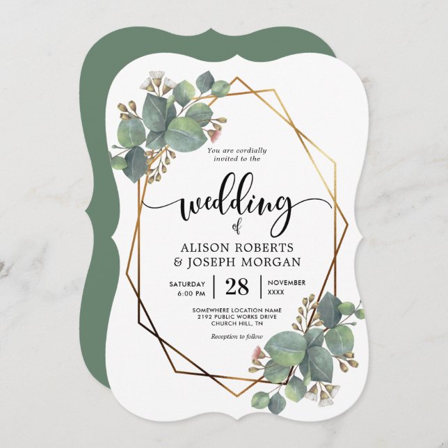 Faire-part de mariage de cadre géométrique Eucalyp (Devant / Derrière)