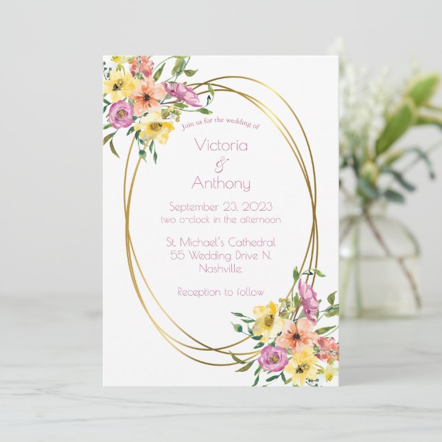 Faire-part de mariage de cadre or moderne rose Flo (Debout devant)