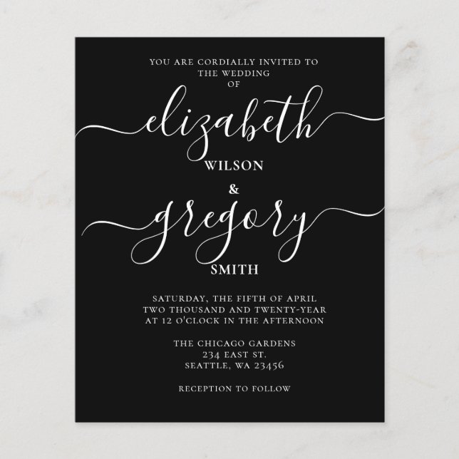 Faire-part de mariage de calligraphie noire budgét (Devant)