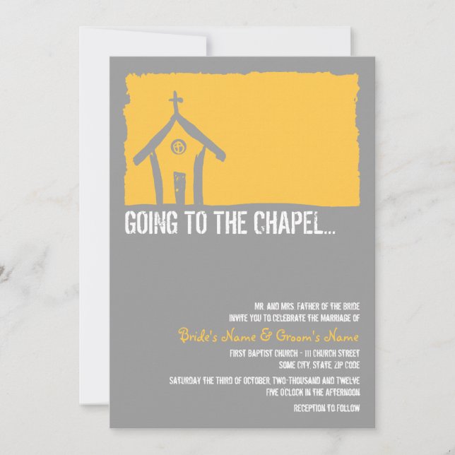 Faire-part de mariage de chapelle jaune et gris (Devant)