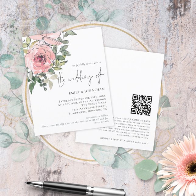 Faire-part de mariage de code QR Budget Rose Flora (Créateur téléchargé)